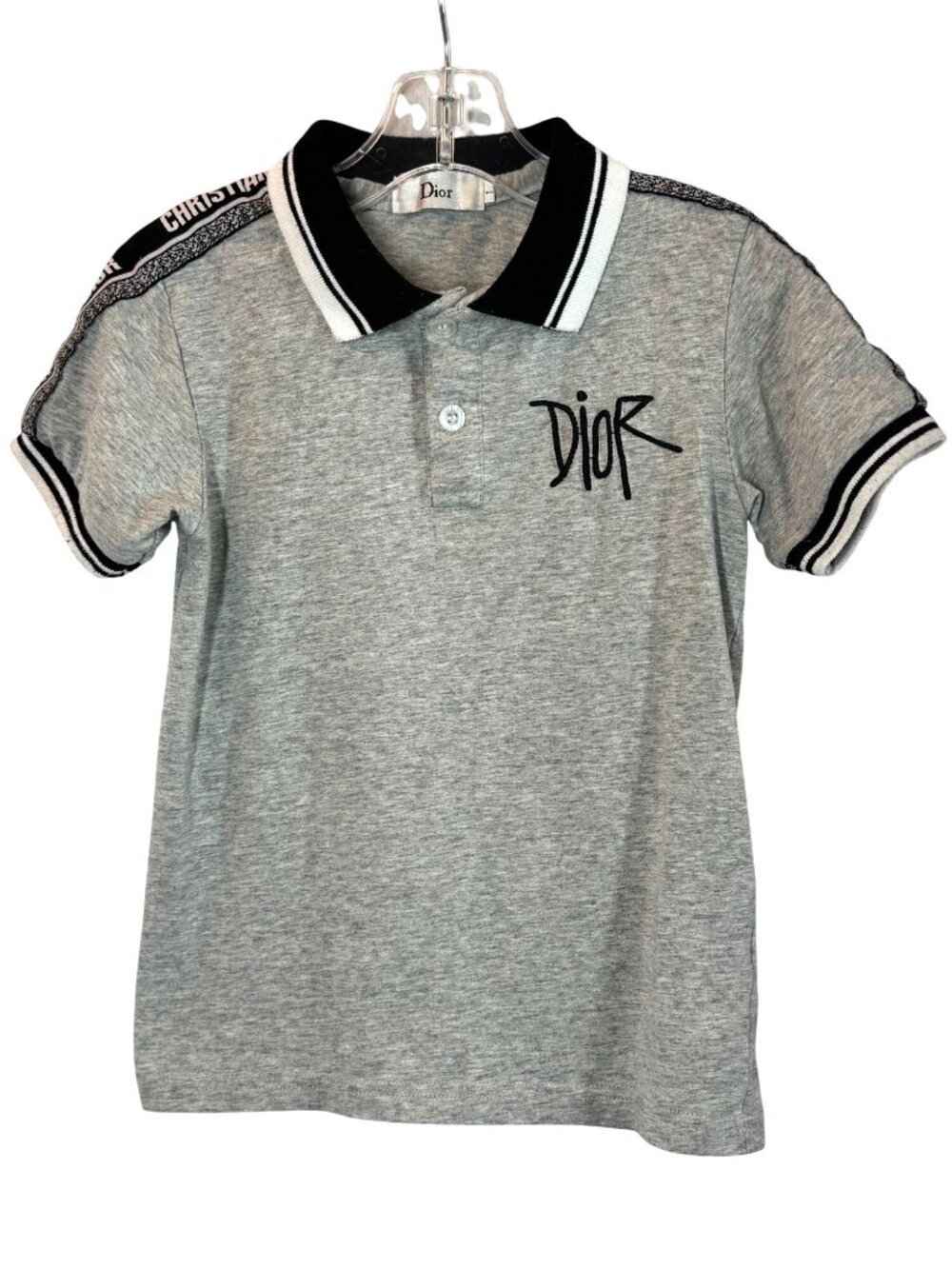Dior Kids Gray Polo Shirt With Logo & Striped Collar Short Sleeves